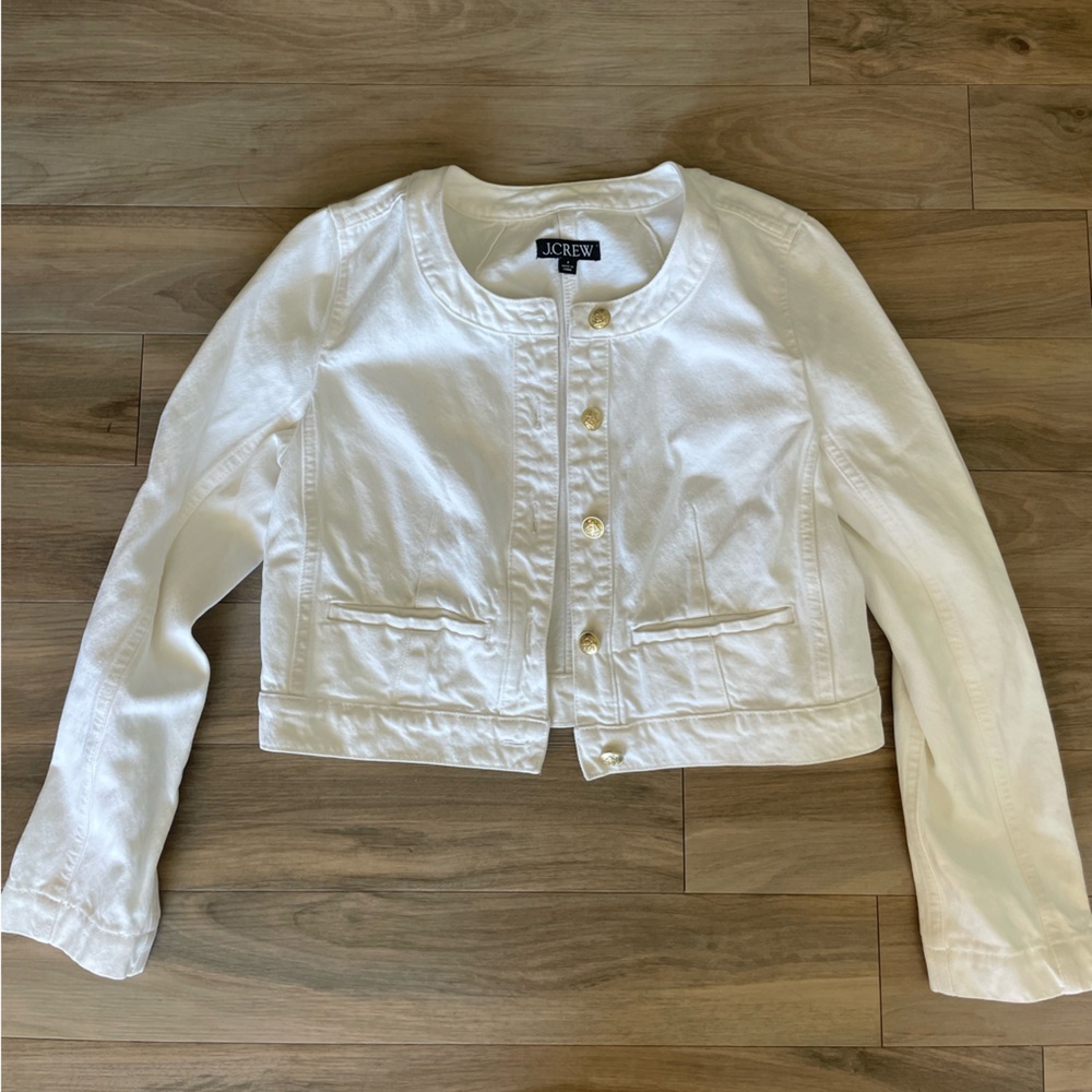 J Crew Lady Louisa White Cropped Denim Jacket with Gold Buttons
